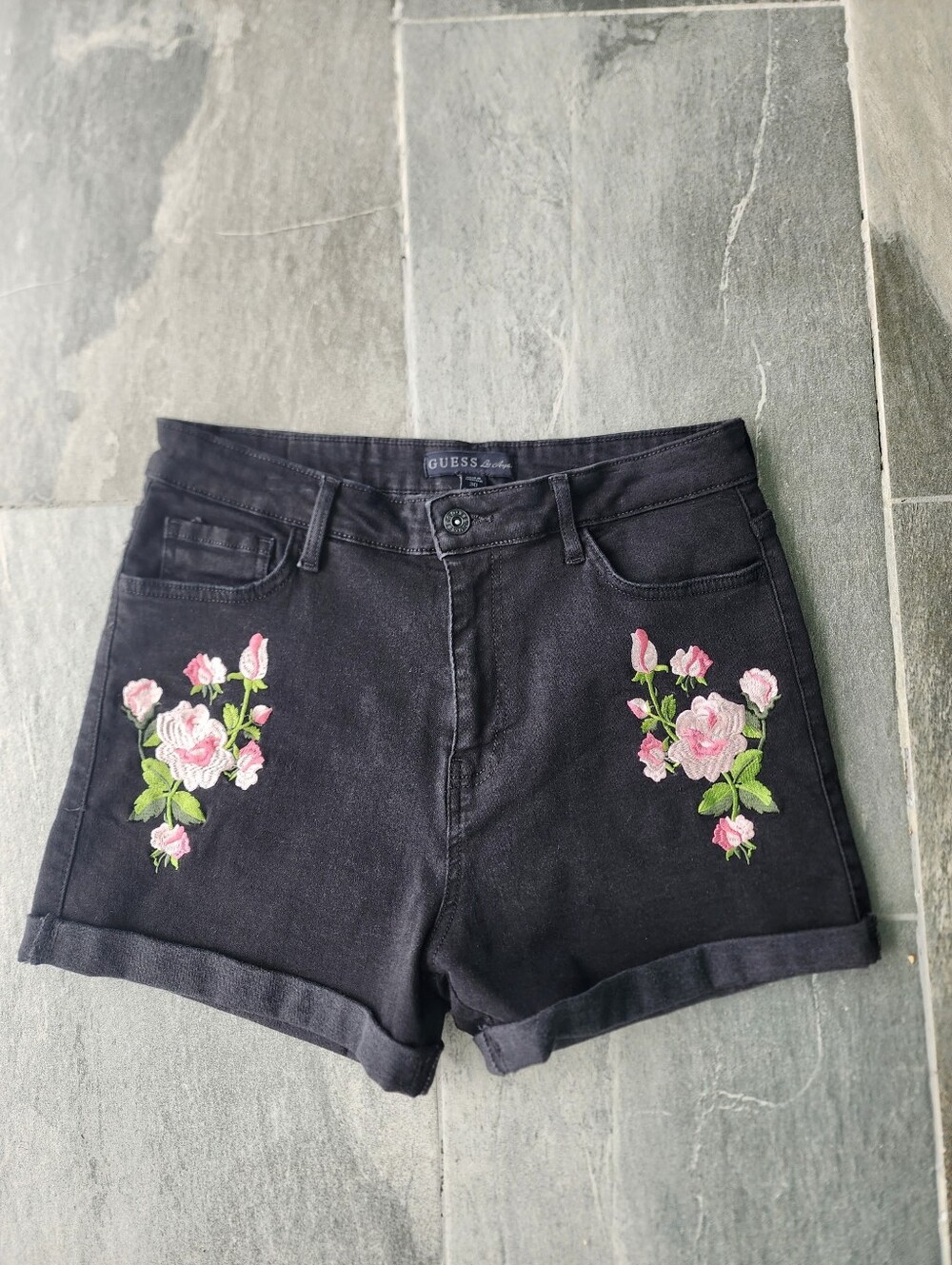 Guess Women's Black Denim Shorts with Pink Rose Embroidery